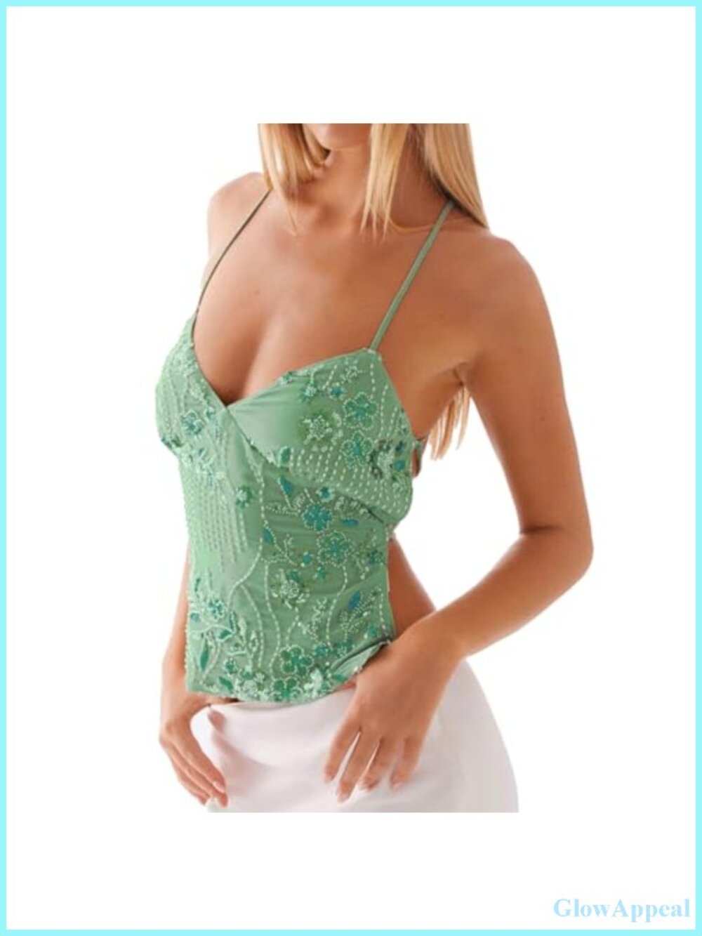 Sequin Beaded Cami Top V Neck Backless Criss Cross Crop Summer Clubwear